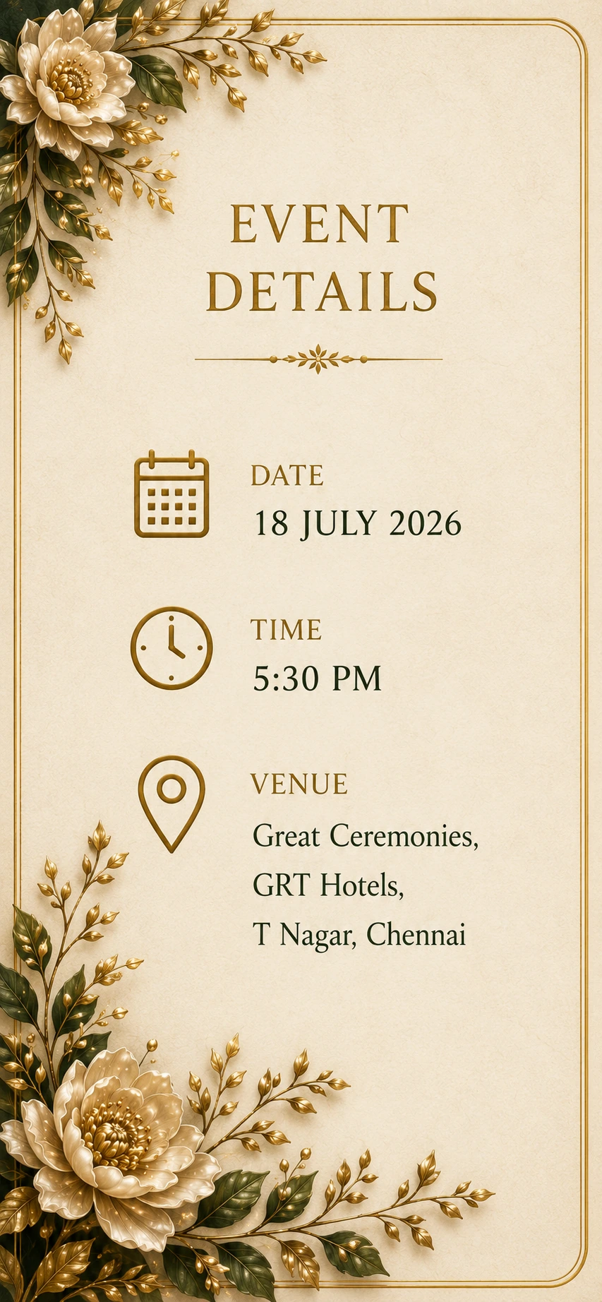 Event details: 18 July 2026, 5:30 PM, Great Ceremonies, GRT Hotels, T Nagar, Chennai.
